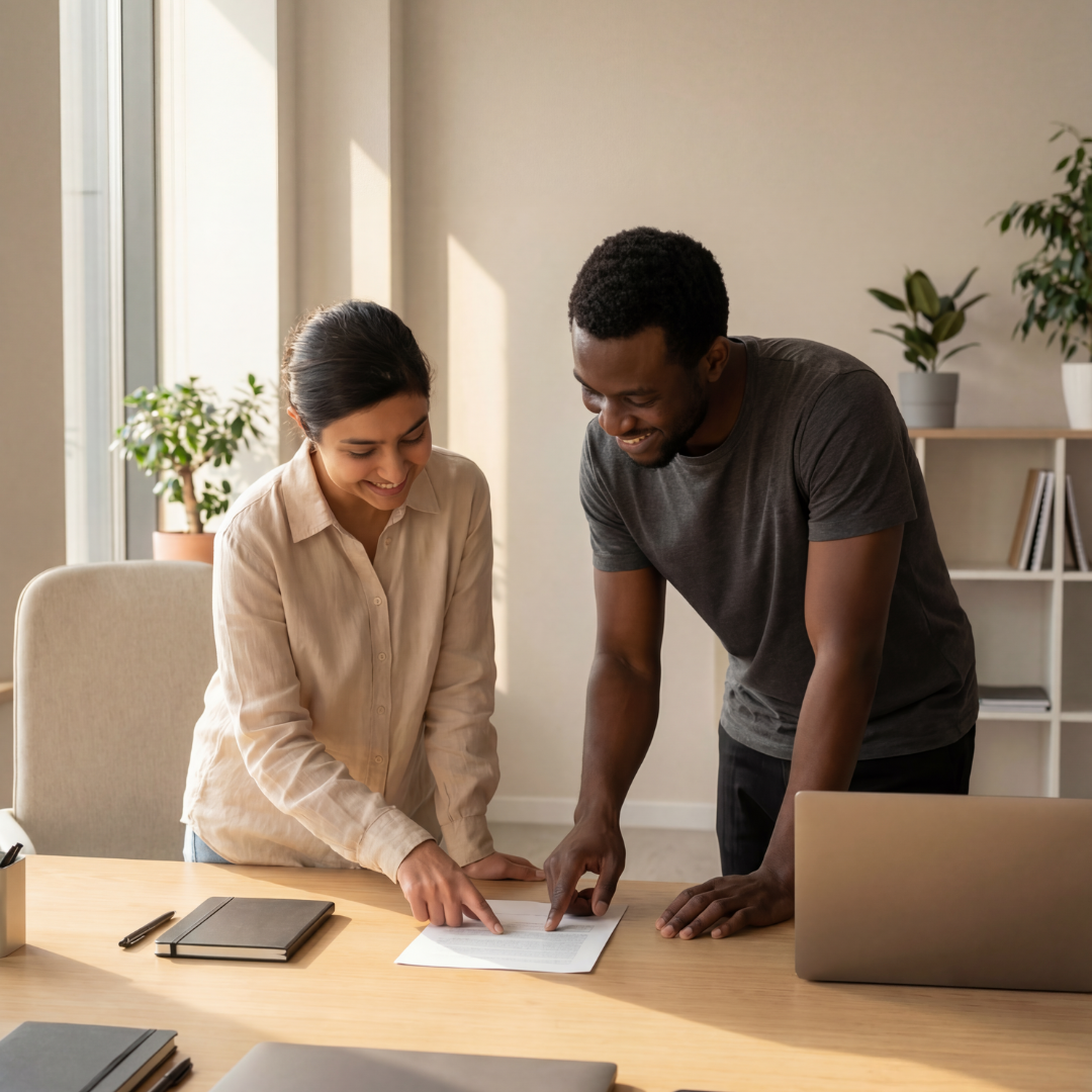 Two professionals collaborating over documents at a sunlit desk